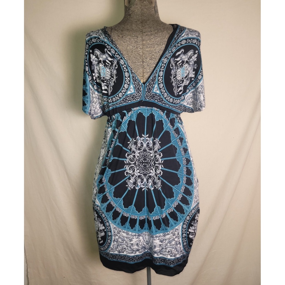 Vintage 90s Y2K Body Central Boho Sleaze V-neck Dress Baroque Teal Motif S/M - Picture 4 of 11
